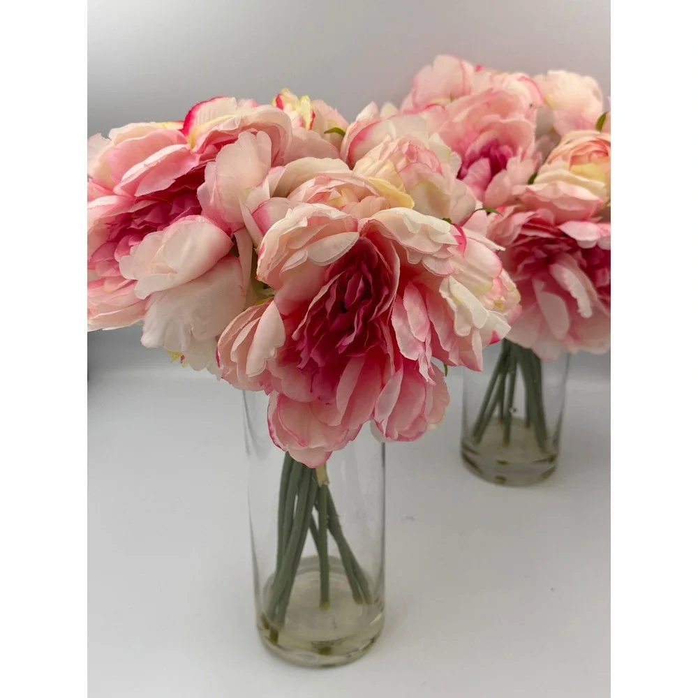 Set of 2 Faux Pink Peony Silk Flower Arrangements in Glass Vases with Faux Water